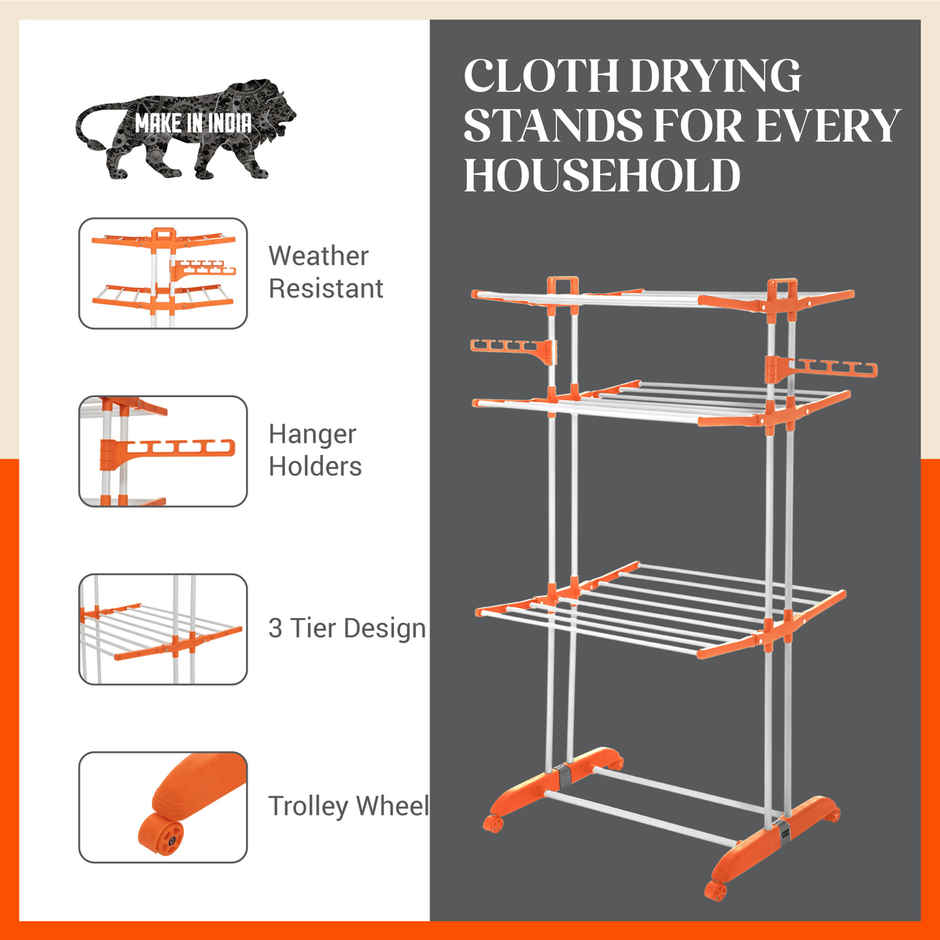 Bathla 3-Level Modular Cloth Drying Stand - Terra | Steel | Orange