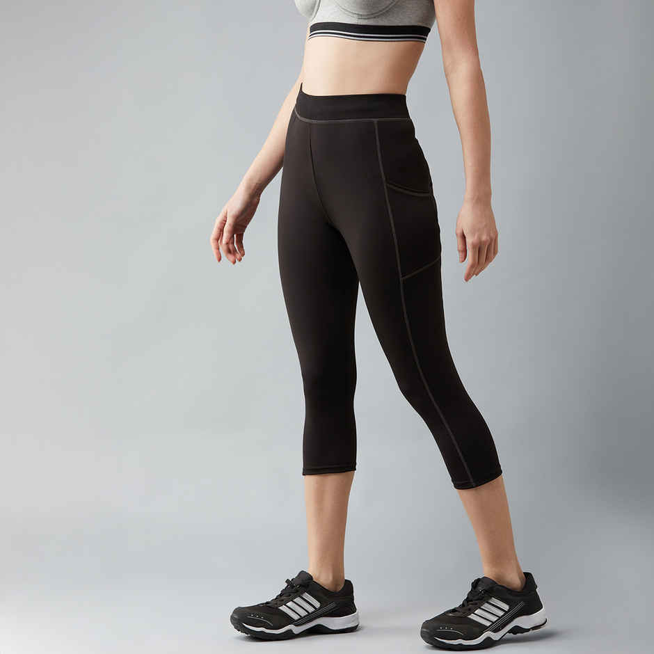 Blinkin Women's 3/4 Gym Tights - Black | Grey | With Side Pockets | Perfect For Yoga | XL