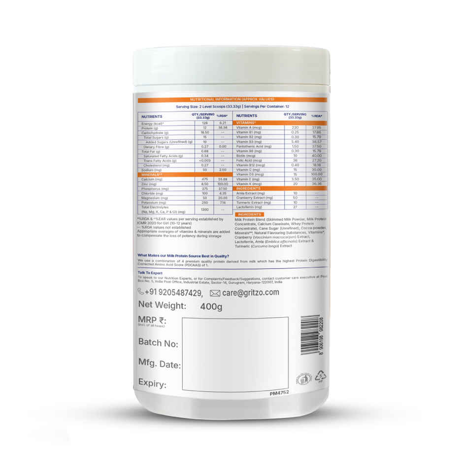 Gritzo Super Milk Growth+ | 10-12y Girls | 12g Protein Powder | Double Chocolate