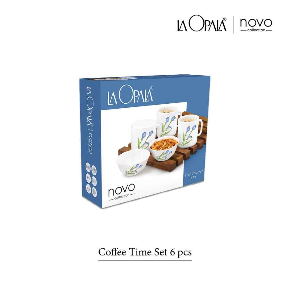 La Opala Novo Coffee Time Set of 6 | Opal Glass Coffee Mugs & Bowls for Gifting - White