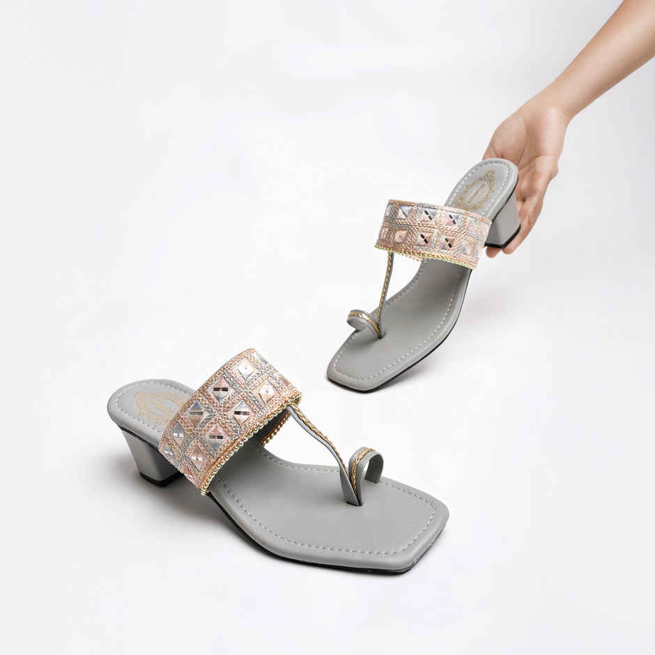 Shoetopia Classic Grey Kolhapuri Heels For Women | UK 8