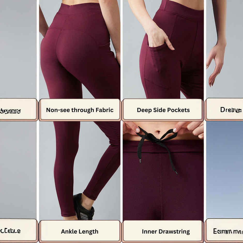 Blinkin Women's Gym Pants & Tights - Maroon | Workout | With Side Pockets | L