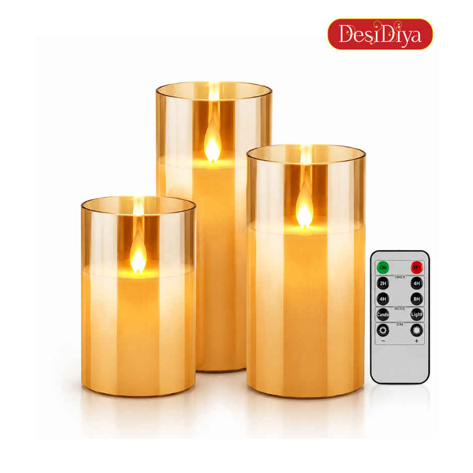 DesiDiya Flameless LED Candles Set of 3 Remote Control Acrylic Glass Candle Flickering Flame