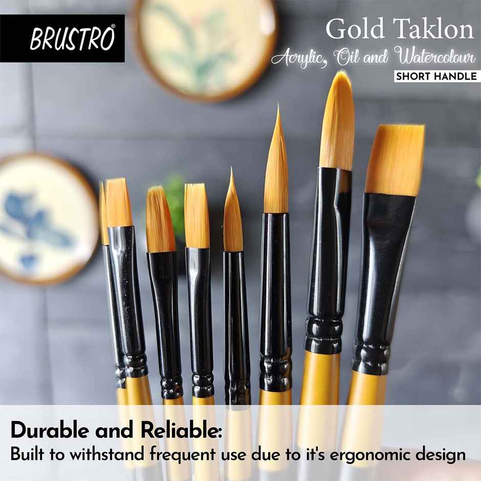 Brustro Artists Gold Taklon Short Handle Brushes | Set Of 8