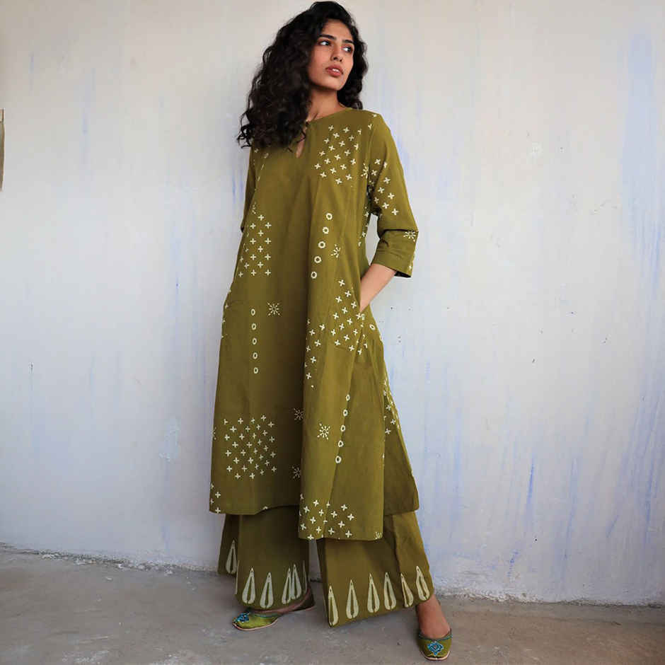 GoSriKi Women's Viscose Rayon Straight Printed Kurta with Palazzo | CHAURYA | Mehandi - M