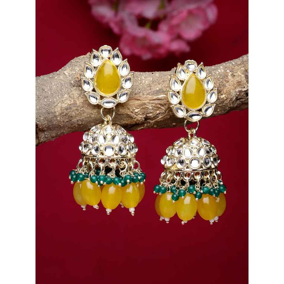 Studio Sukkhi Traditional Gold Plated Yellow Green Kundan Jhumka/Jhumki Earrings for Women