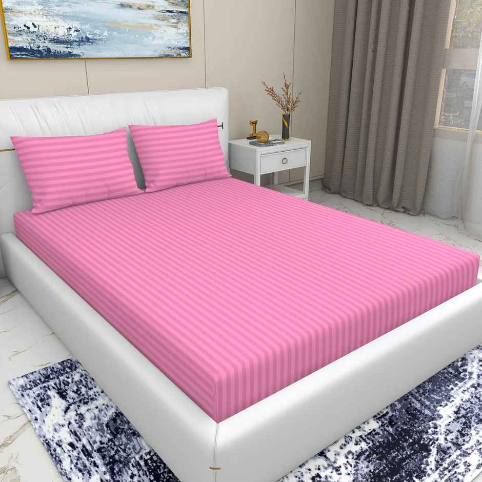 Homeharmony Plain Pink Lining Double Bedsheet | With 2 Pillow Covers | Pink | 87 x 98 in