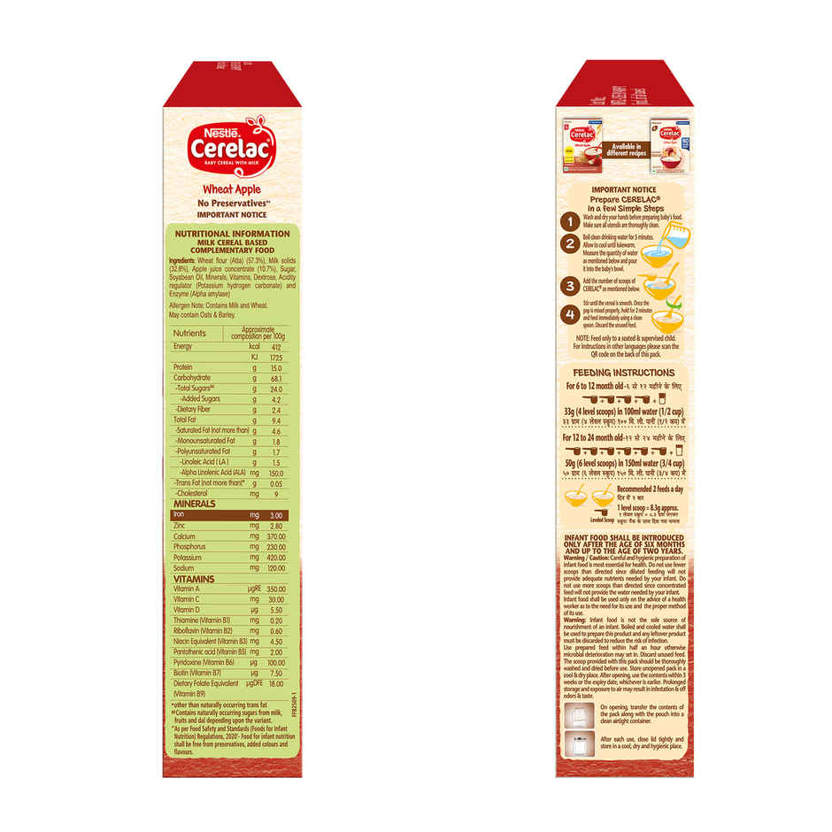 Nestlé CERELAC Wheat Apple Baby Food Cereal, No Preservatives, 6 to 24 Months Baby