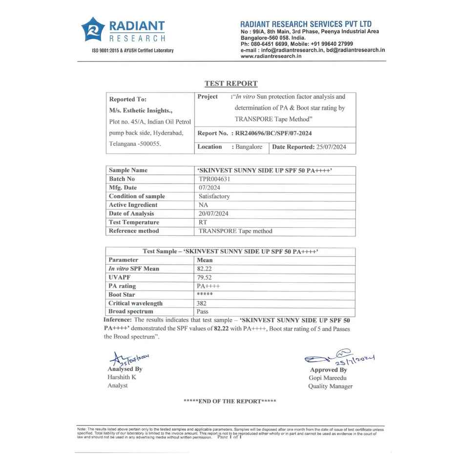 Skinvest Sunny Side Up Ultra Lightweight SPF 50+ Pa ++++ Sunscreen | Protects From Sun Damage