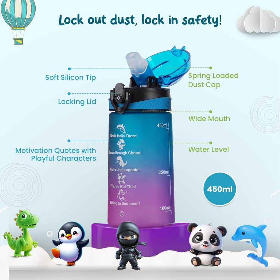 Solara Sipper Water Bottle 500Ml With Motivational Time Marker, Sipper Bottle For Kids -Blue Fuscia