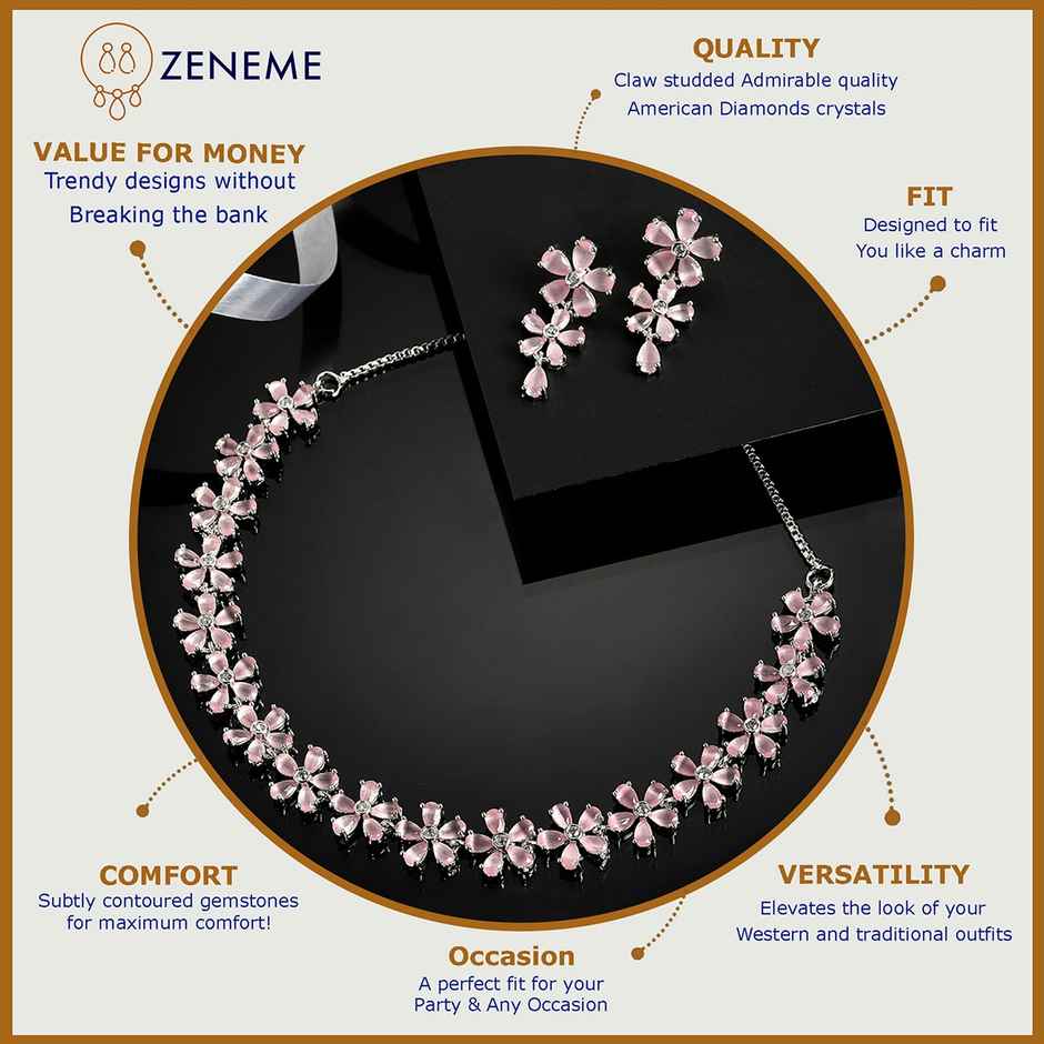 Zeneme Rhodium Plated AD Flower Shaped Jewellery Set For Women & Girls