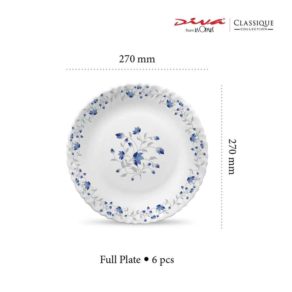 La Opala Diva Classique Dinner Plate | Opal Glass Full Plate for Dining | Set of 6 - Blue Mystique