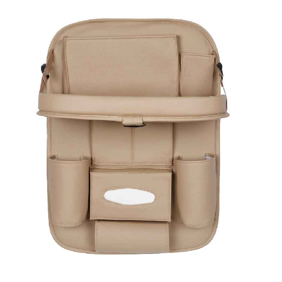 Autofurnish 3D Car Seat Back Multi Pocket Storage Bag Organizer with Car Meal Tray | Beige
