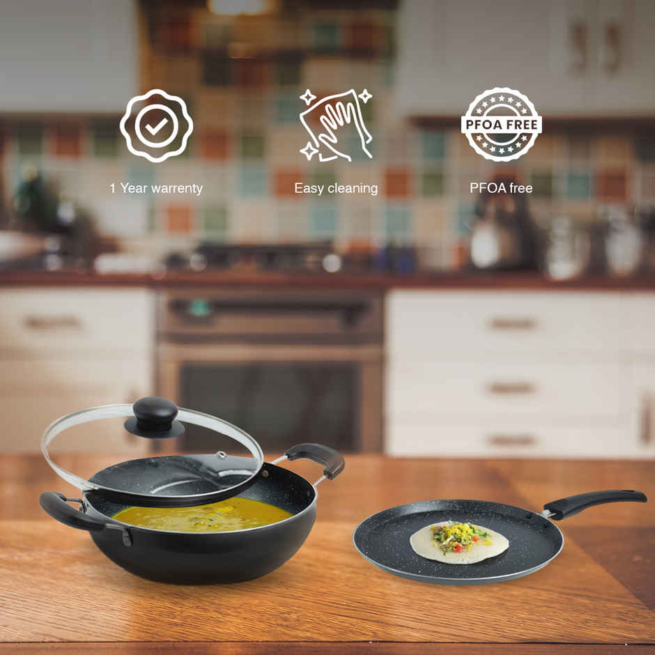 BAY6 Nonstick Cookware Set - (Dosa Tawa 26 cm + Kadai with Lid 22 cm) - Grey - (2pc)