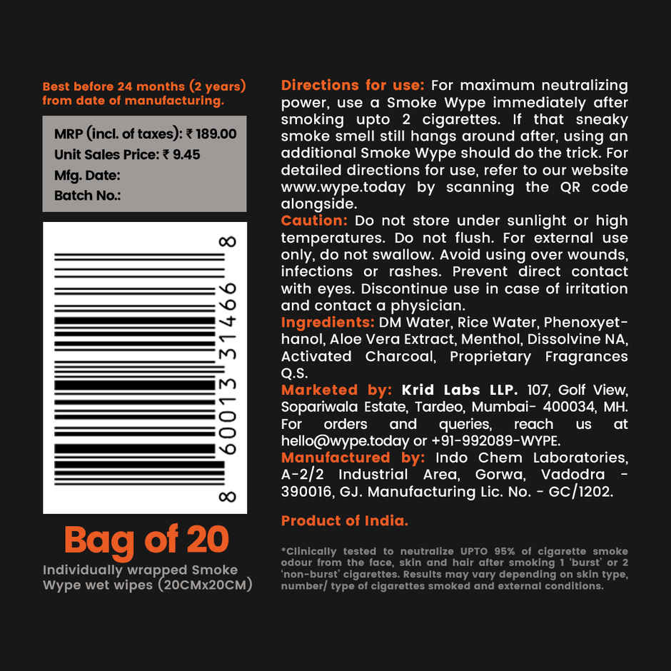 Wype - After - Smoke Odour Neutralizing and Refreshing Wet Tissue