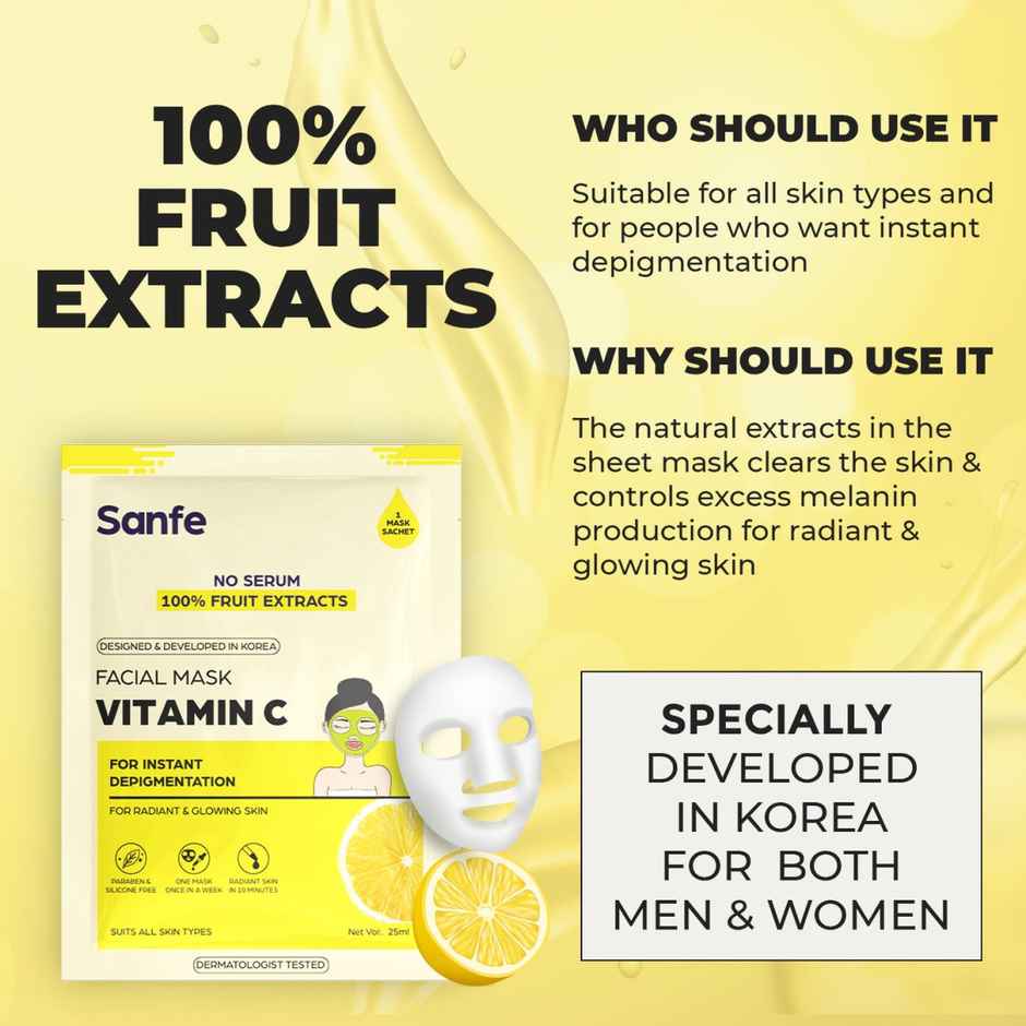 Sanfe Instant Depigmentation Vitamin C Face Mask | 100% fruit extracts, Korean Mask