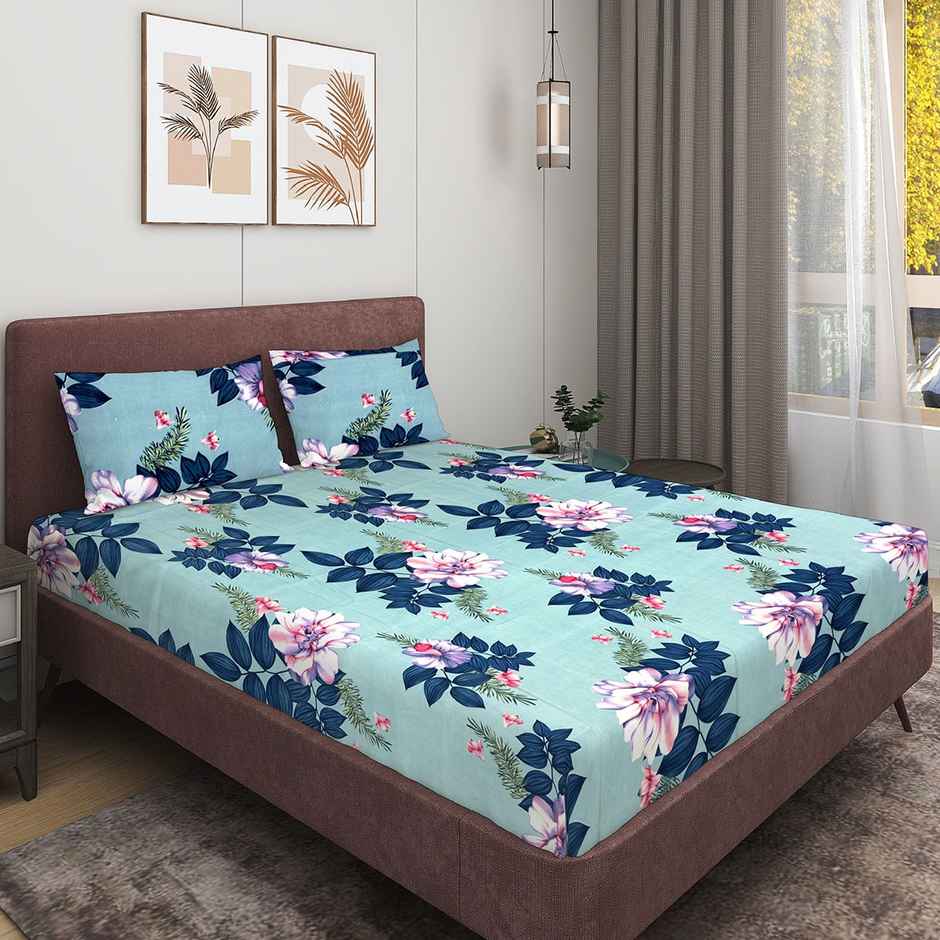 Romee Blue Flowers Printed Cotton Double Bedsheet with 2 Pillow Covers