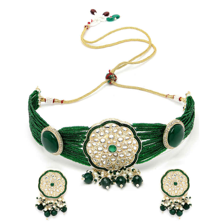 Sukkhi Wondrous Gold Plated Green Kundan & Beads Studded Choker Necklace Set