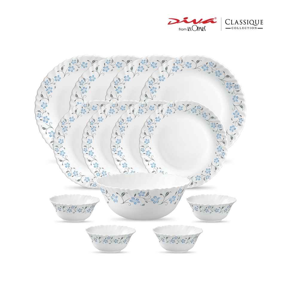 La Opala Diva Classique Dinner Set | Opal Glass Crockery for Dining | 13 Pcs - Grace Blue