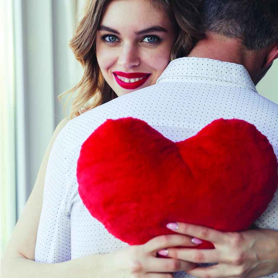 Fnp Magic Of Red Roses In Sleeve(1pc) & Webby Heart Shape Cushion Soft Toys | 30 Cm | Red(1pc) Combo