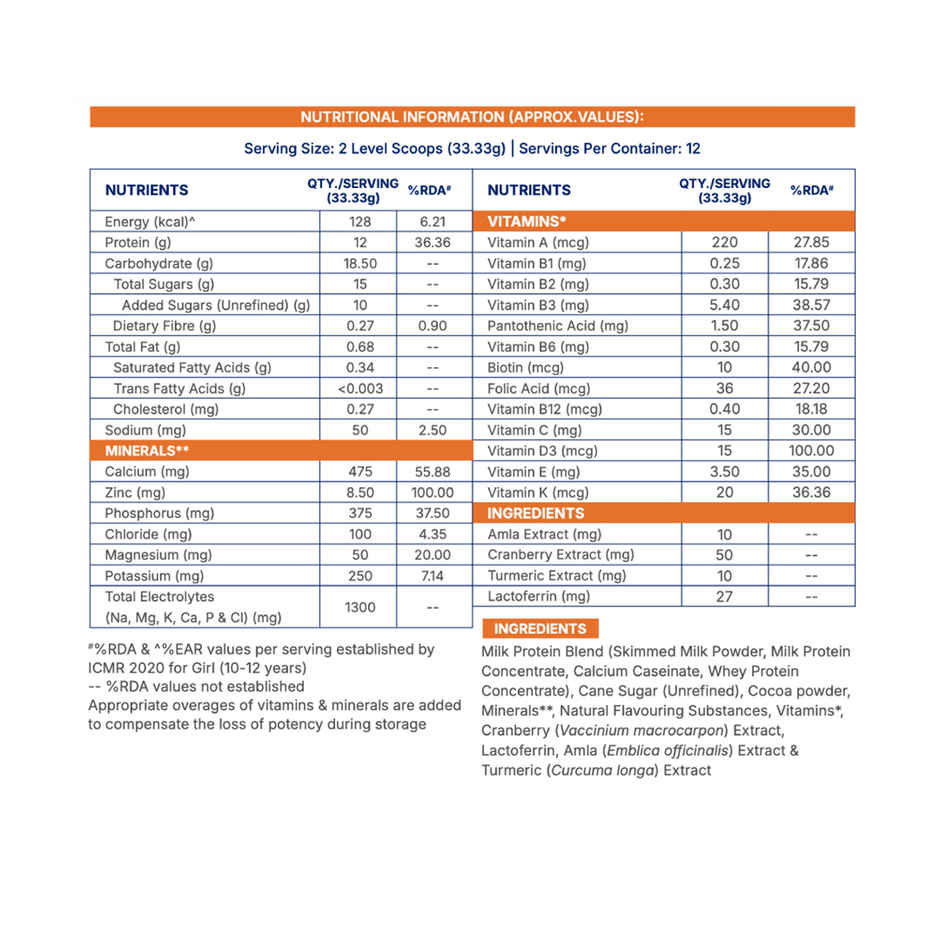 Gritzo Super Milk Growth+ | 10-12y Girls | 12g Protein Powder | Double Chocolate