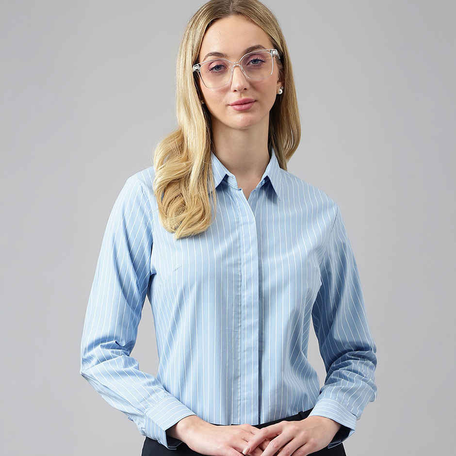 Hancock Women Blue Striped Regular Fit Pure Cotton Formal Shirt | M