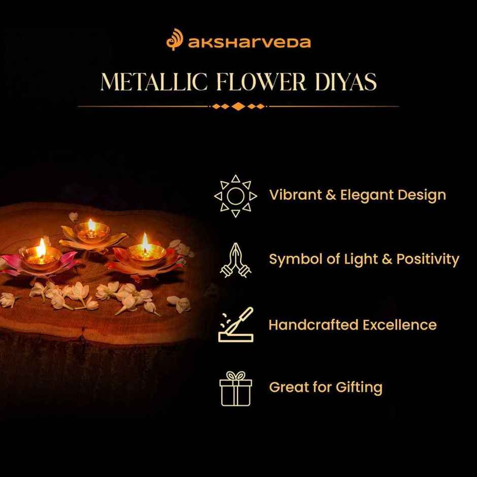 Metallic Flower Diyas | Multicolour | Floral | Pack of 3 | Aksharveda