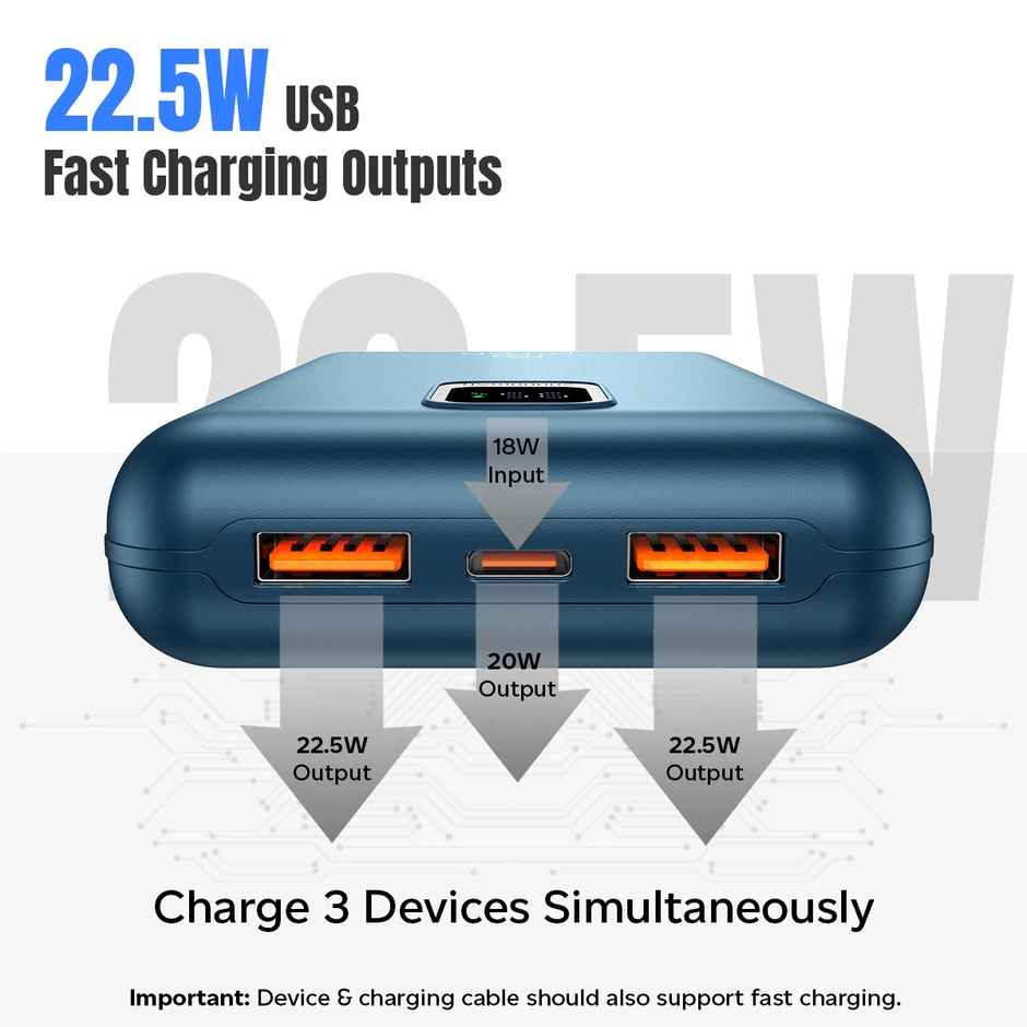 pTron Dynamo Ultra 20000 mAh Power Bank | 22.5W Fast Charging | 20W Pd Charging | 3 Output Ports - Blue