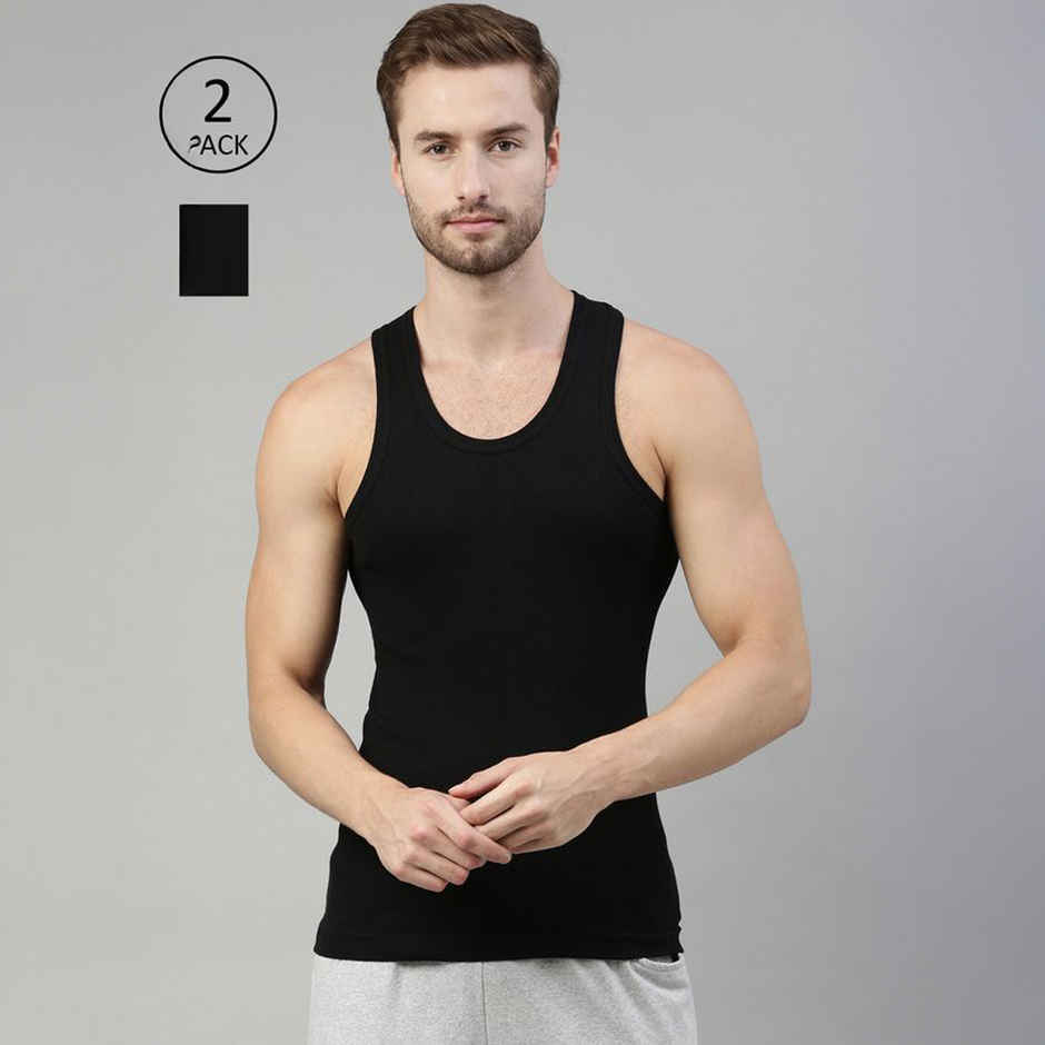 Dixcy Scott Originals Men�S Round Neck Sleeveless Body Fit Solid Vest (Black-Pack Of 2)