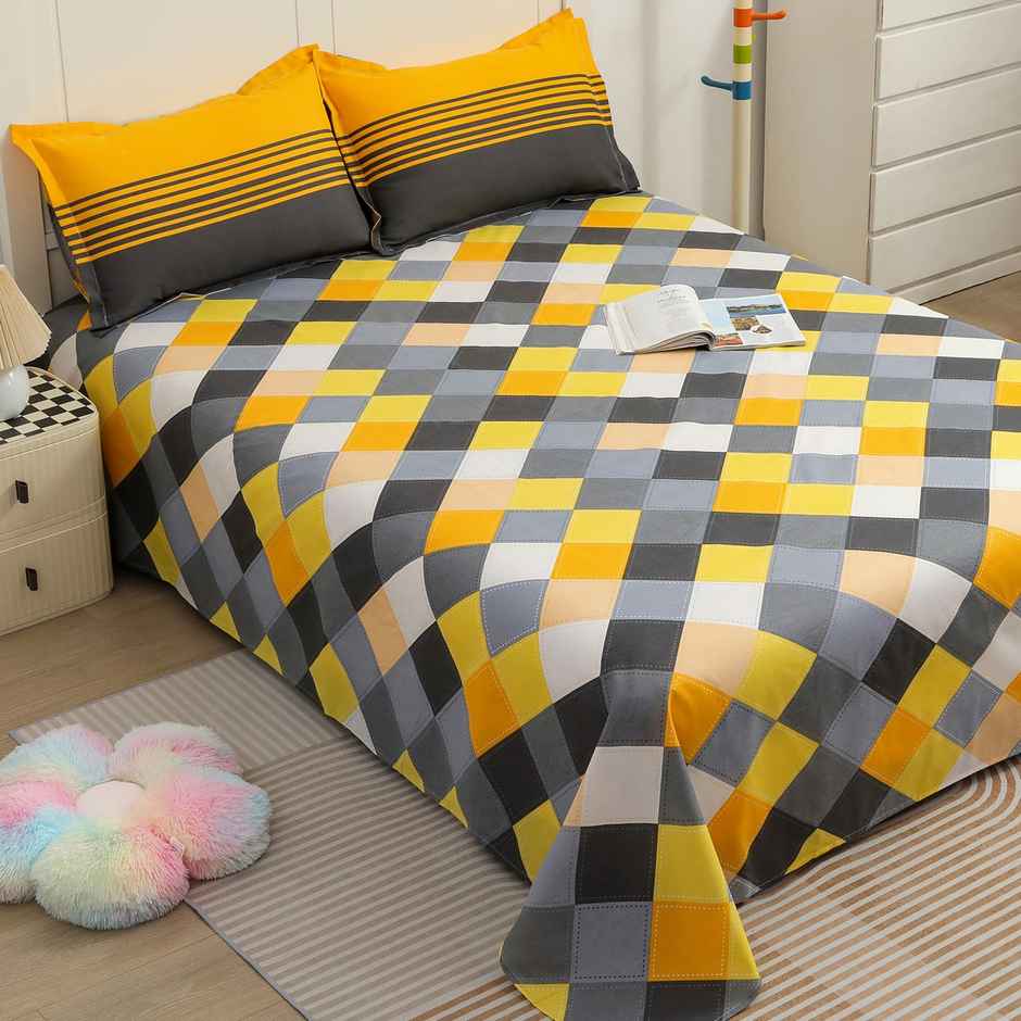 Story@home Double 144 TC Cotton Flat Geometric Bedsheet | Grey | 98 x 89 in