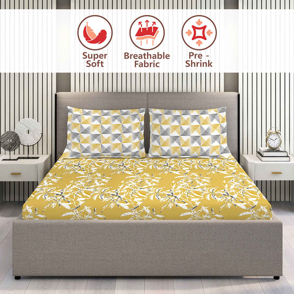 Layers Illumanating Homes 100% Cotton 150 TC Yellow Double Bedsheet with 2 Pillow Covers