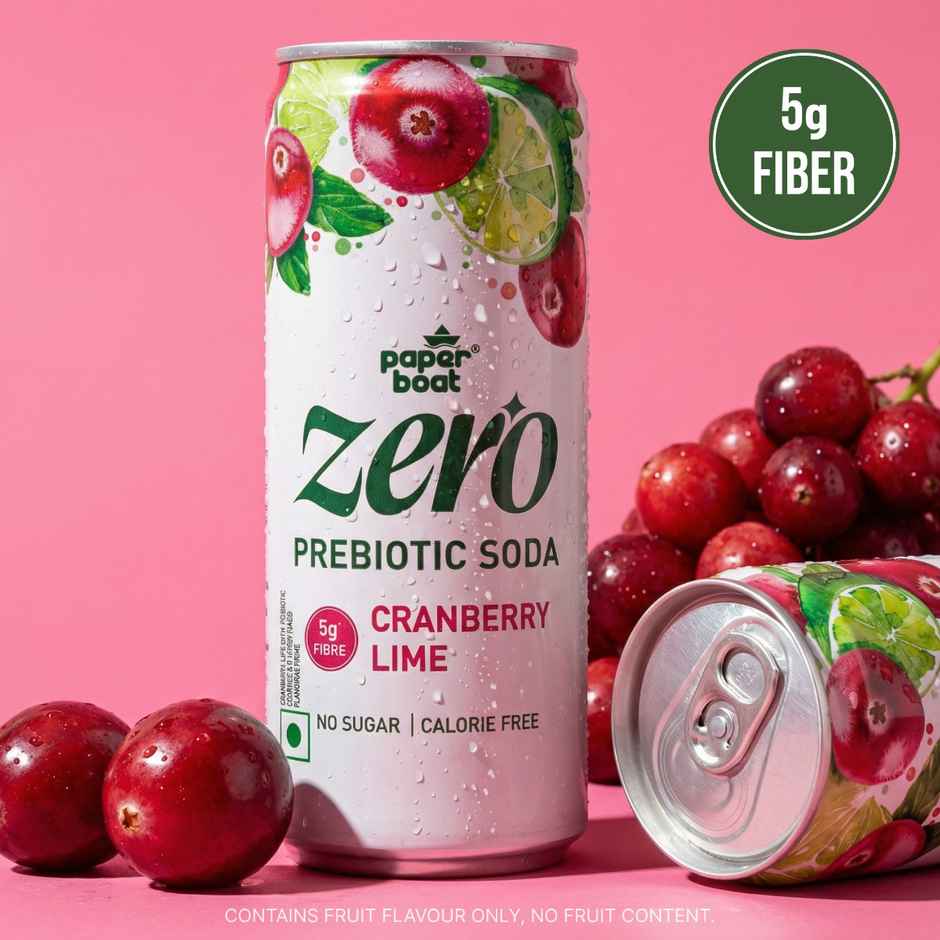 Paper Boat Zero Prebiotic Soda Cranberry Lime, 5g Fibre, Caffeinated Sugar Free Cold Drink
