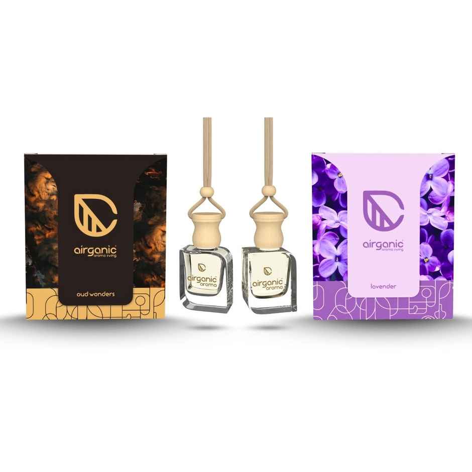 Airganic Swing Combo - Oud Wonder & Lavender | Essential Oils in Glass Bottle with Wooden Lid Combo