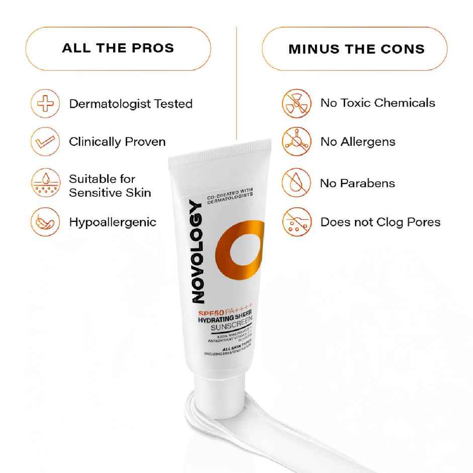Novology Spf50 Pa ++++ Hydrating Sheer Sunscreen, 4.5% Niacinamide For Dry Skin, No White Cast