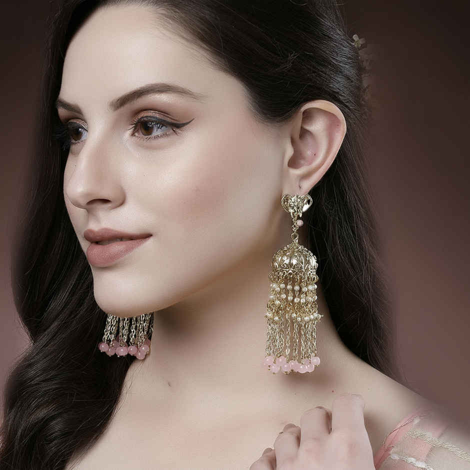 Karatcart Women's Jhumki Earrings Pink and Gold One Size | 33017776