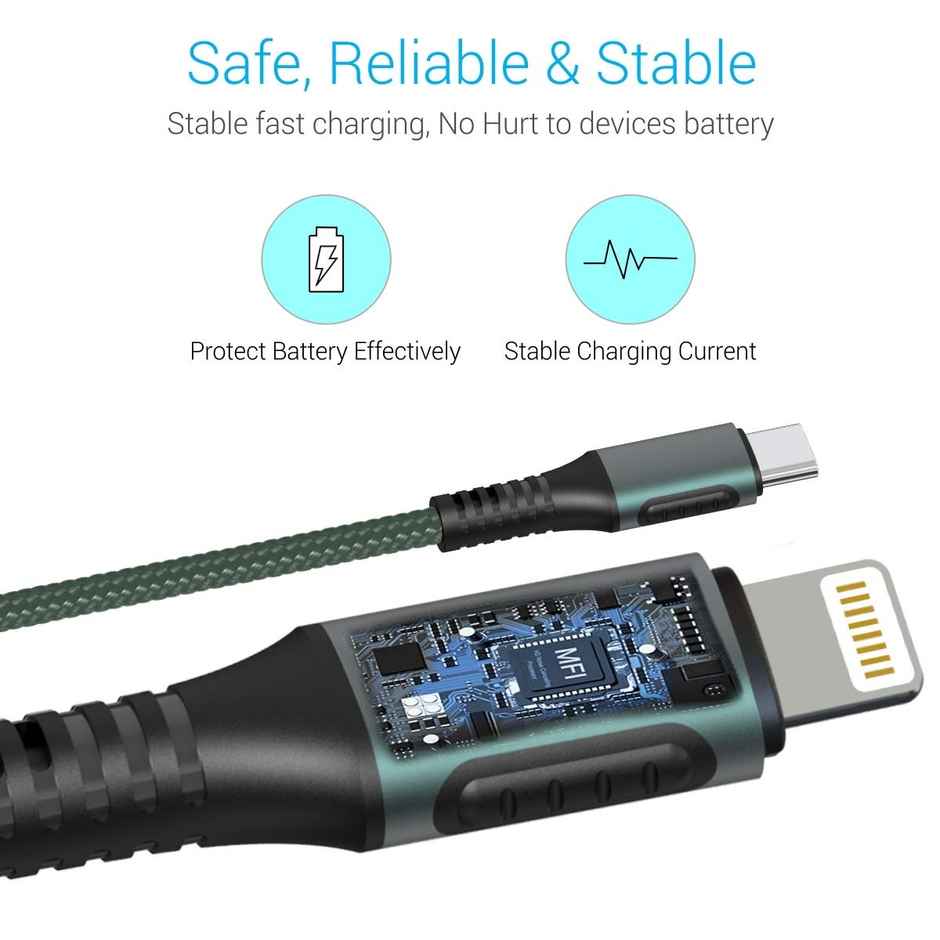 Portronics Konnect CL 20W POR-1067 Type-C to 8 Pin USB 1.2M Cable With Power Delivery & 3A Quick Charge Support, Nylon Braided For All Type-C and 8 Pin Devices - Green