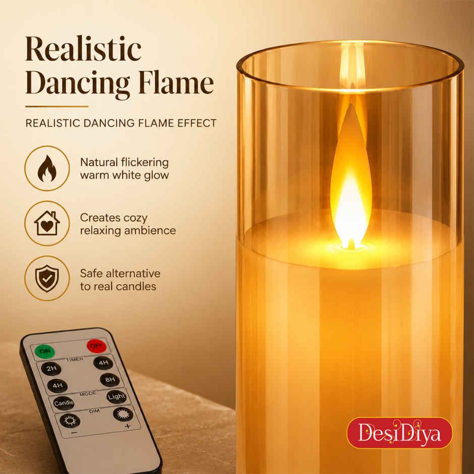 DesiDiya Flameless LED Candles Set of 3 Remote Control Acrylic Glass Candle Flickering Flame