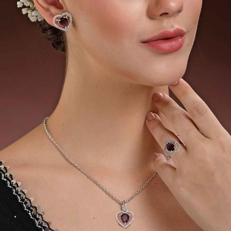 Zeneme Silver-Plated AD Studded Crystal Purple Heart Necklace Earrings Ring For Women & Girls