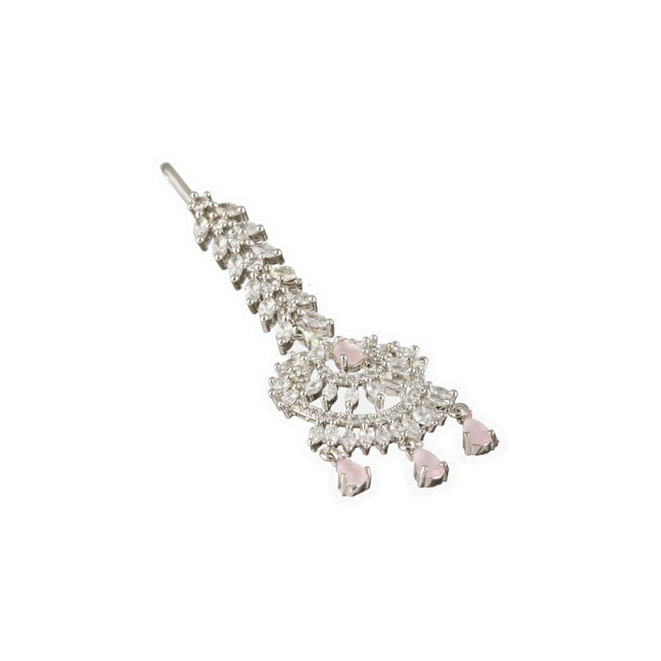 Aatmana Rhodium-Plated Pink & White AD Studded Maang Tikka