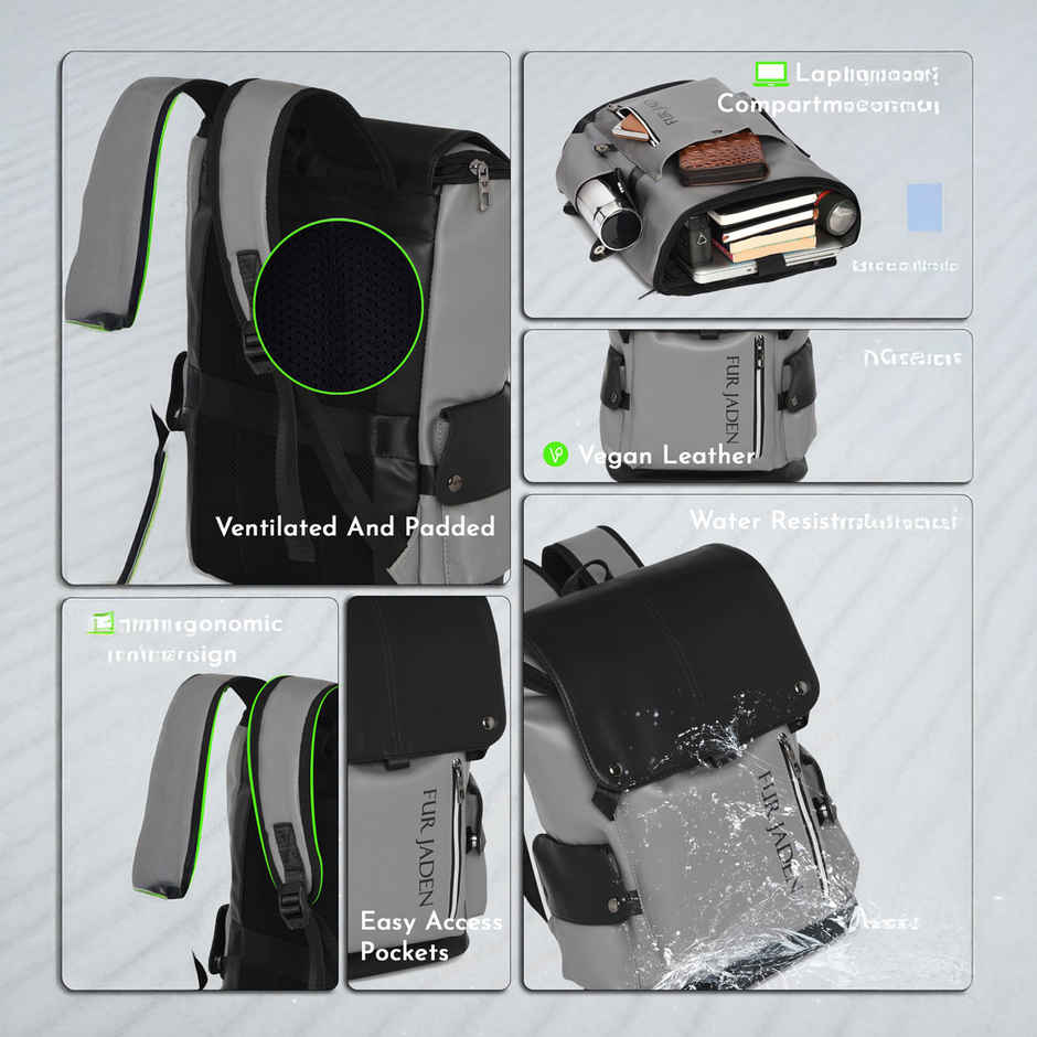 Fur Jaden Unisex Solid Vegan Leather 15 L Laptop Backpack | Black and Grey - 15.6 Inches