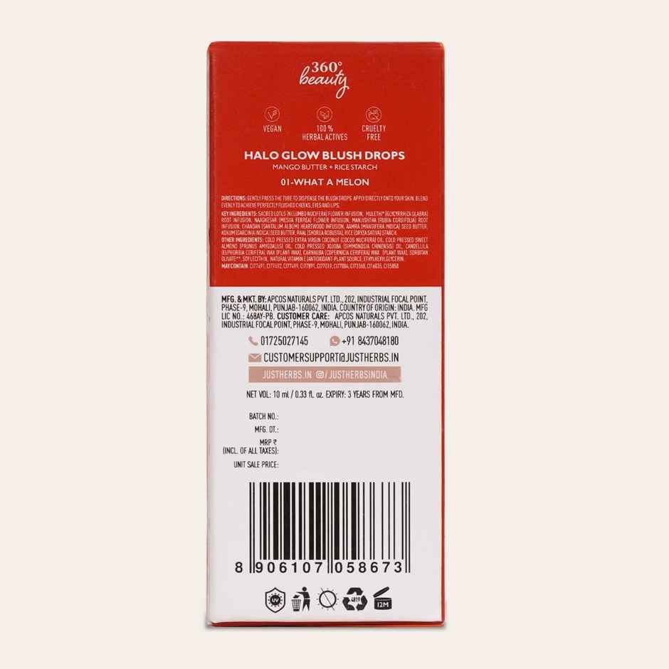 Just Herbs Halo Glow Liquid Dewy Radiance Pigmented Long Stay Blush Drops (What A Melon)