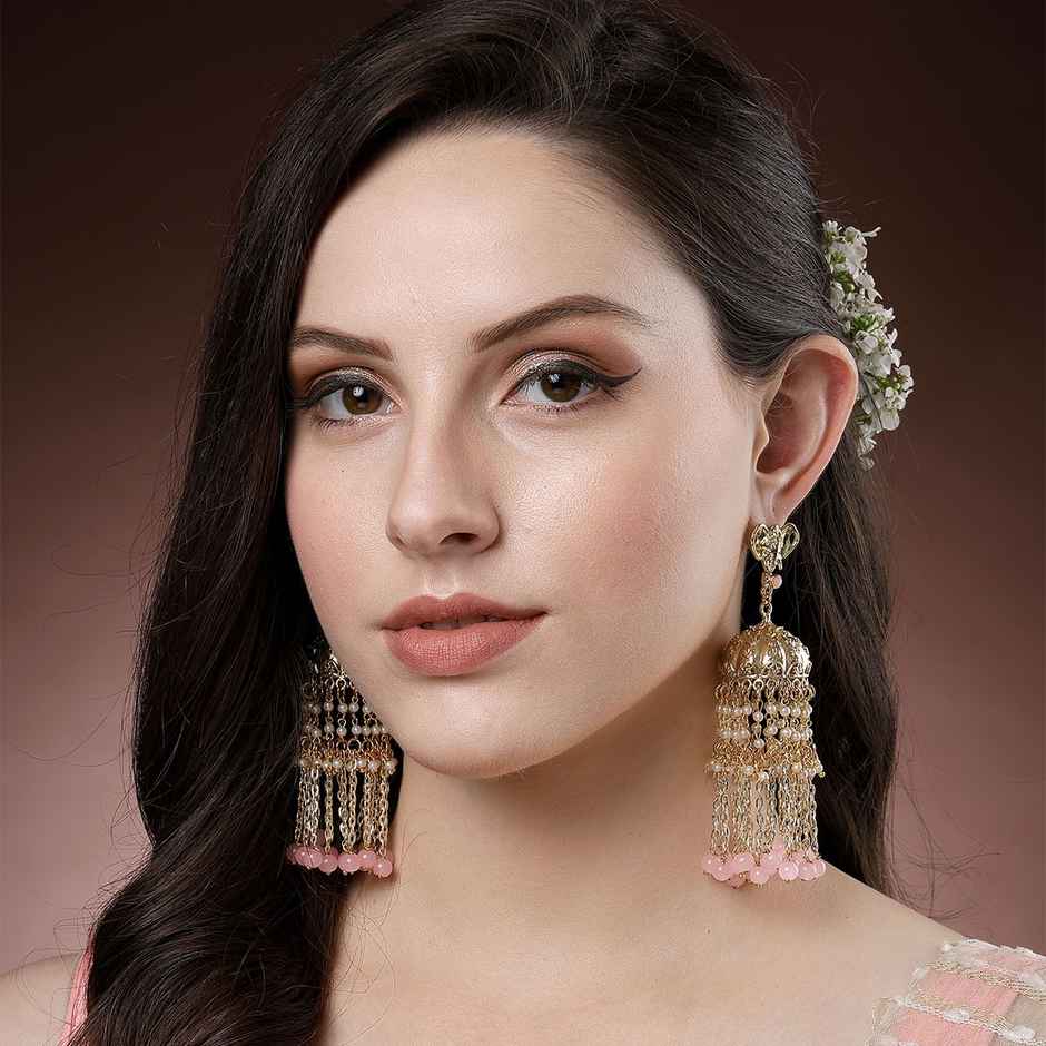 Karatcart Women's Jhumki Earrings Pink and Gold One Size | 33017776