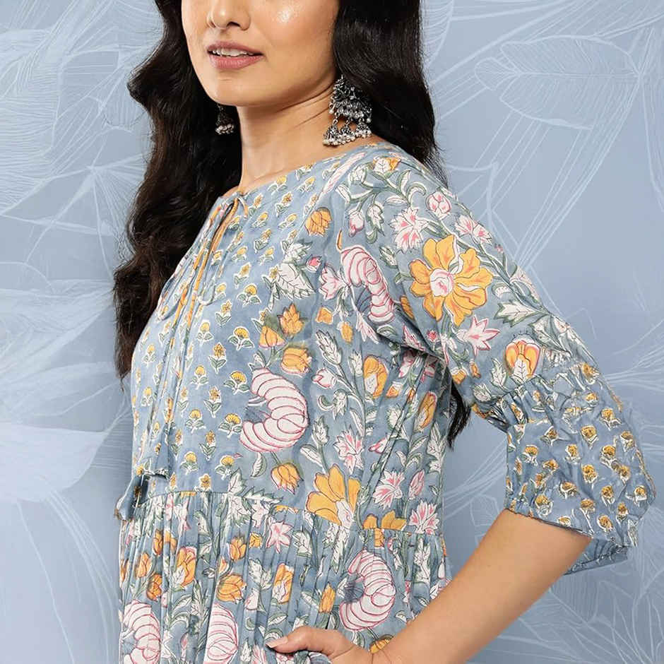 Libas Women Blue Cotton Floral Fit And Flare Midi Dress - 26335S