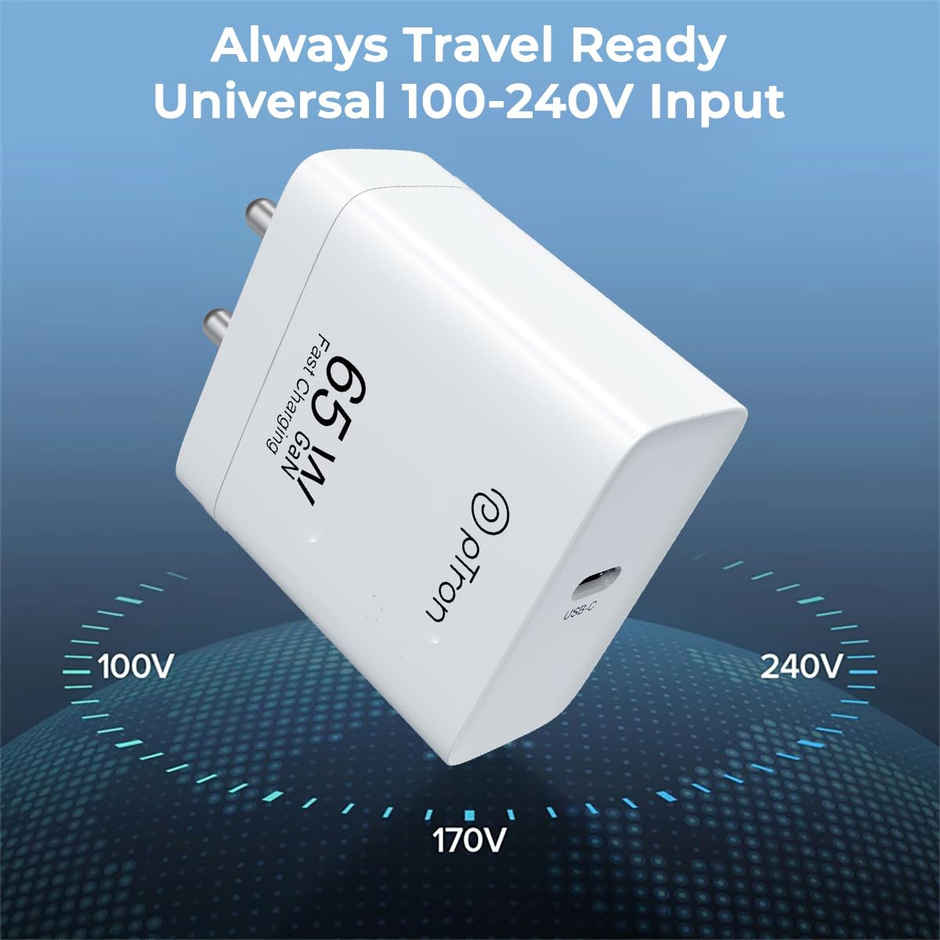 pTron Volta FC23 65W GaN TypeC-/PD Charger For MacBook Pro/Air, Dell Xps, iPhones - White