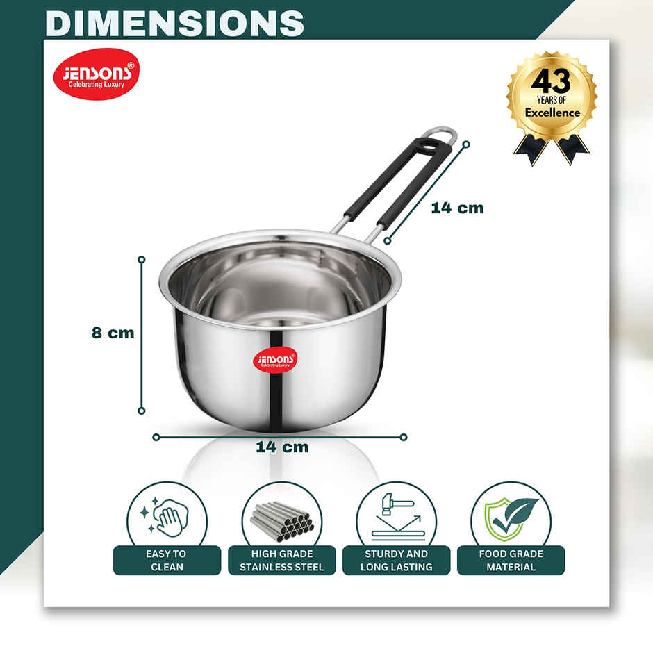Jensons Stainless Steel Saucepan 14 cm | Milk & Tea Pan | Induction Friendly | Cap-750ml