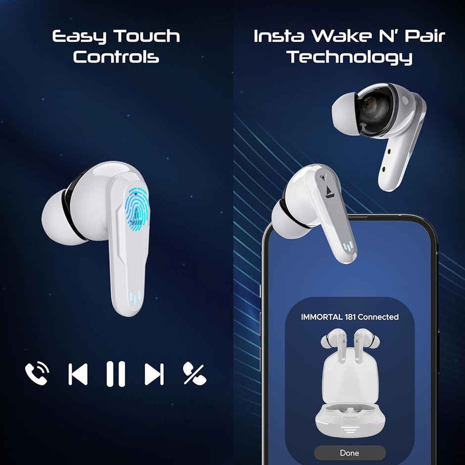 boAt Immortal 181 in Ear TWS Gaming Earbuds with up to 40 hrs Playtime,Quad Mics with ENx Tech,Beast Mode with 40ms Latency,ASAP Charge,IPX4,IWP, RGB LED Lights, BTv5.3 - White Sabre