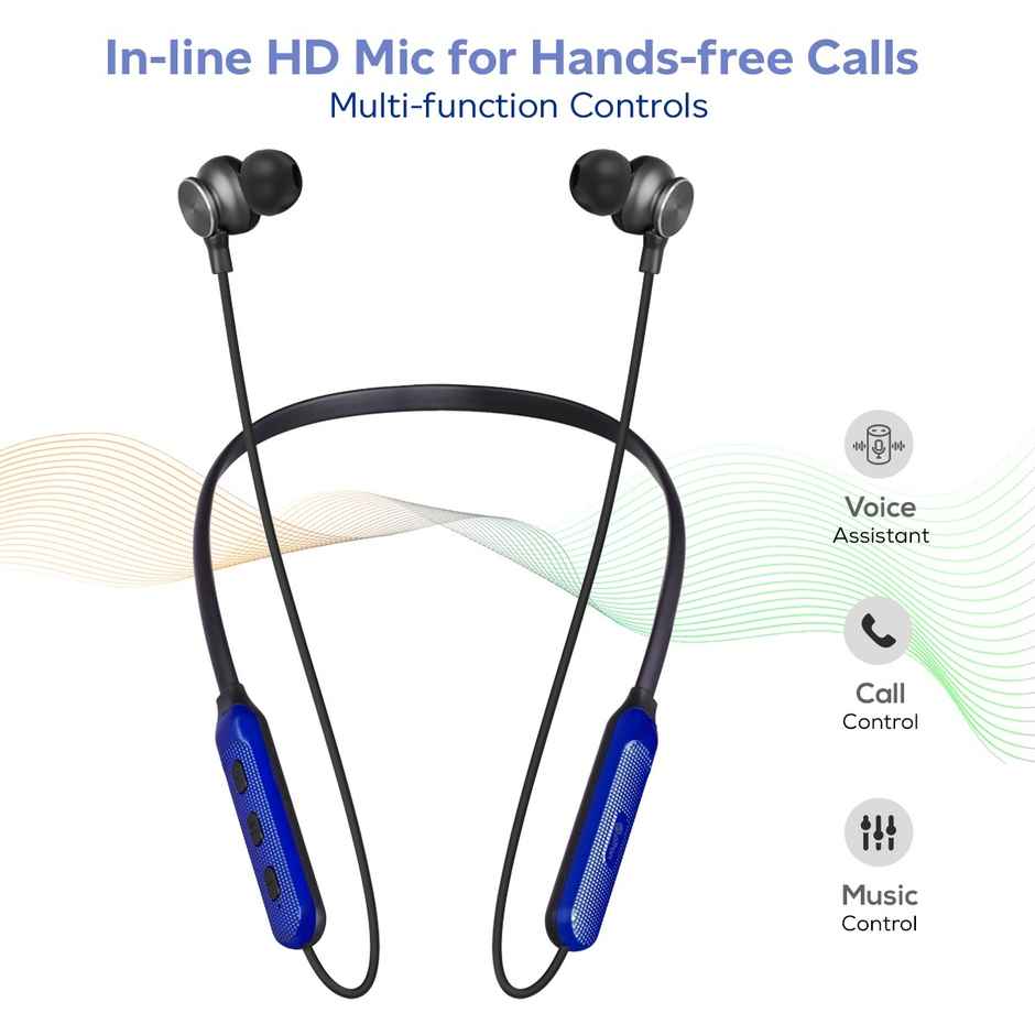 pTron Tangent Duo Wireless Neckband Stereo Sound Hd Calls 24Hrs Playtime- Black Blue