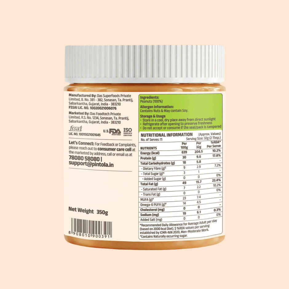Pintola All Natural Peanut Butter, Extra Crunchy, Unsweetened, 30g Protein
