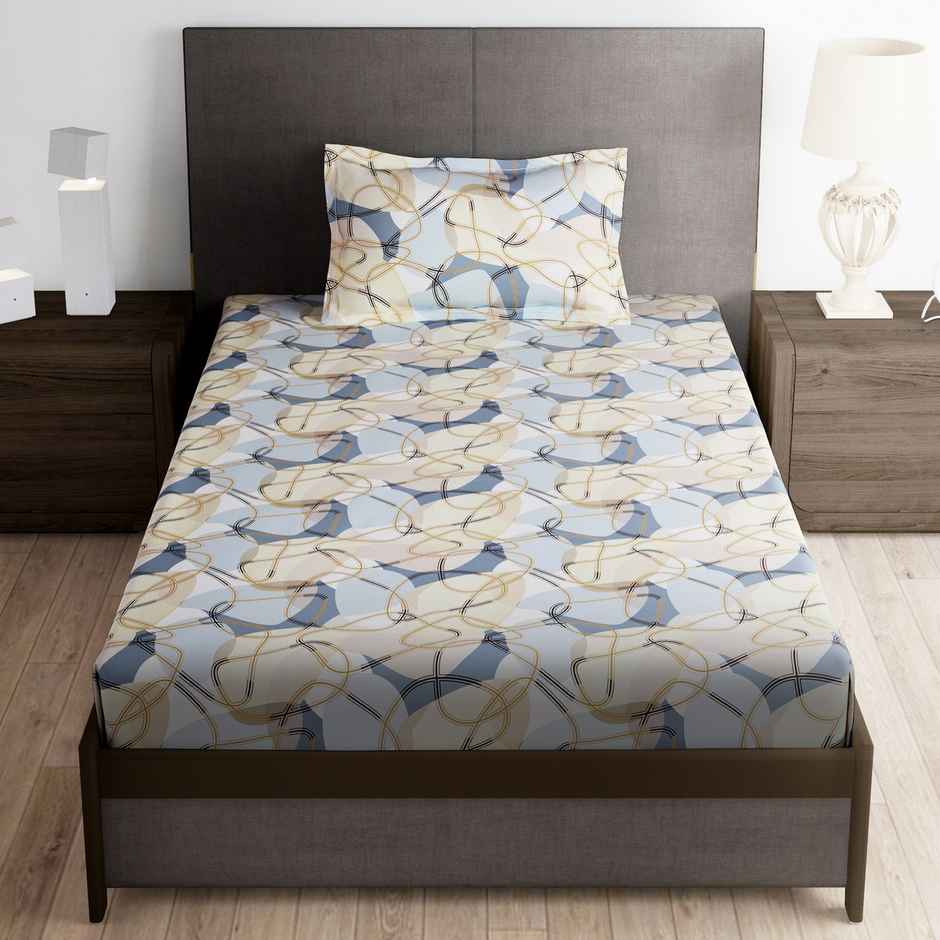 Story@Home 160 TC Microfiber Single Abstract Flat Bedsheet | Light Cream & Light Grey