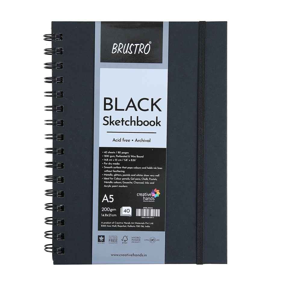 Brustro Black Sketchbook A5 200Gsm | 40 Sheets / 80 Pages | Wiro Bound
